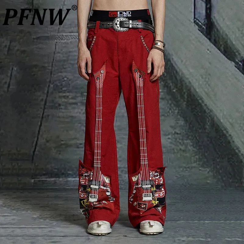 Men's Jeans PFNW Punk Rock Deconstructed Guitar Bass Print Men's Casual Pants Wide Leg Straight Trousers High Street Trendy 28W1133 230927