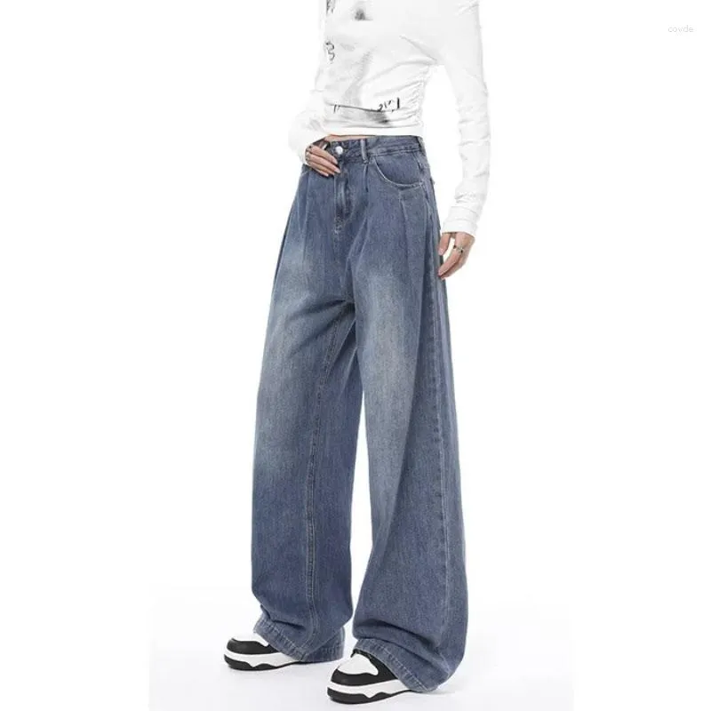 Calças de brim femininas de cintura alta vintage 2023 moda azul de pernas largas estilo coreano streetwear calças estéticas denim