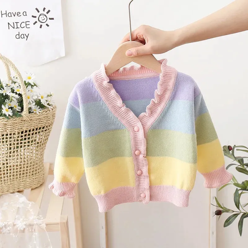 Girls Knitted Cardigan, V-Neck Rainbow Striped Sweater, Spring