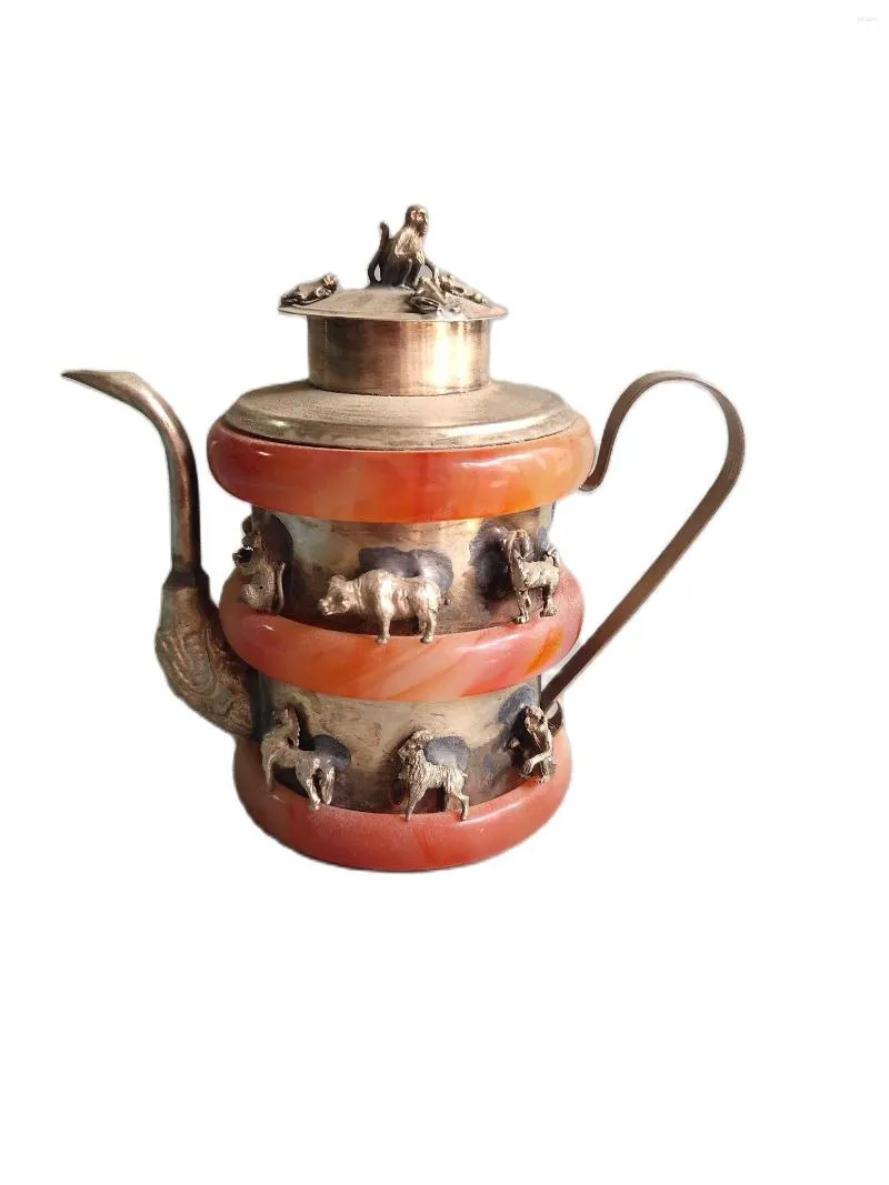 Garrafas chinês antigo artesanal tibetano prata porcelana bule zodíaco decoração de casa pote/garrafa