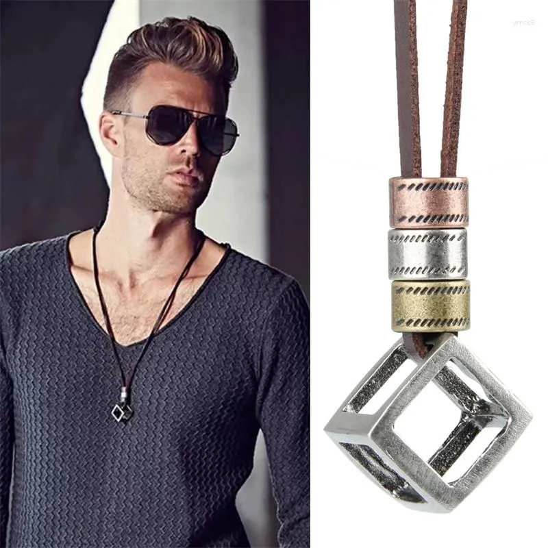 Collier ras du cou Vintage tricolore, petit cercle creux Cube, pendentif pour hommes, mode Punk gothique, corde en cuir, bijoux cadeaux