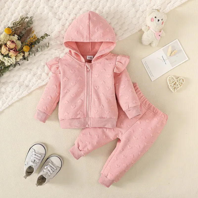 Conjuntos de roupas Criança Bebê Menina Primavera Outono Roupas Conjunto Rosa Manga Longa Hoodie Top + Calças Amor Imprimir Recém-nascido Roupa Casual 230927