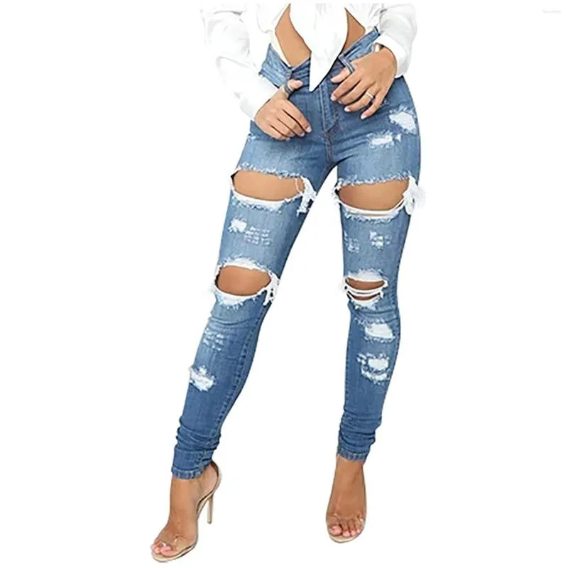 Jeans femininos calça jeans mulheres cintura alta rasgado bulift angustiado estiramento juniors magro solto reto