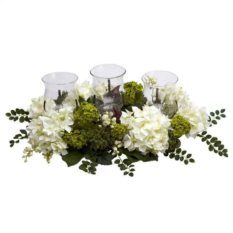 White Hydrangea Triple Candelabrum Centerpiece With Bucket