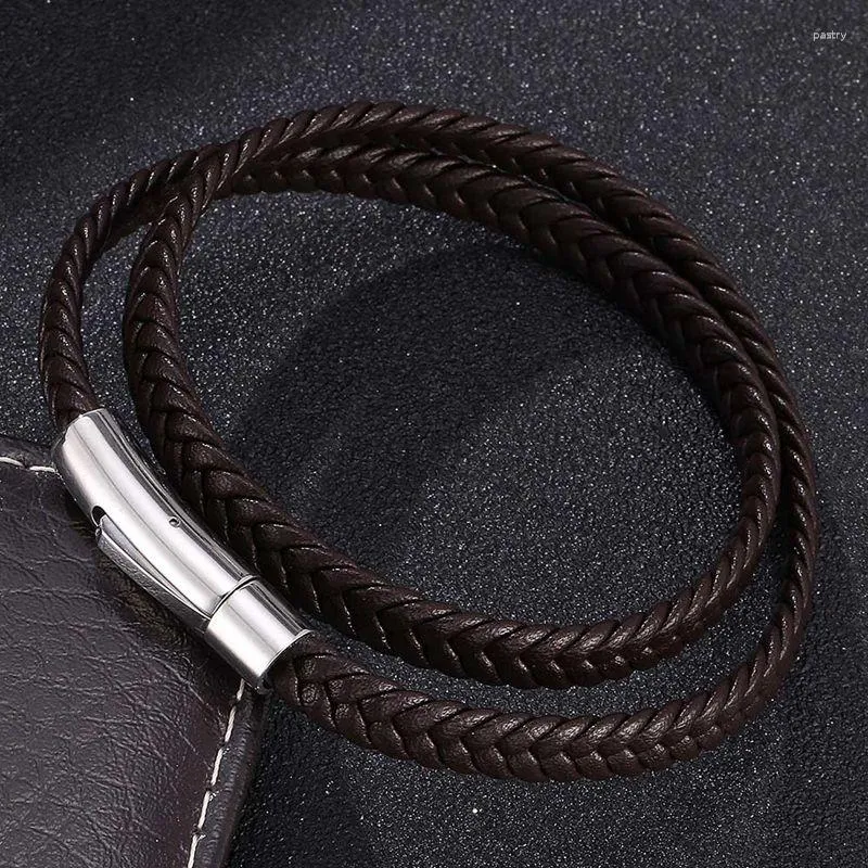 Charm Armband Trendy Brown Leather Armband Män Rostfritt stål LAP MULTILAYER BRAID ROPE CHAIN ​​Male Wrist Band Vintage Gift FR741