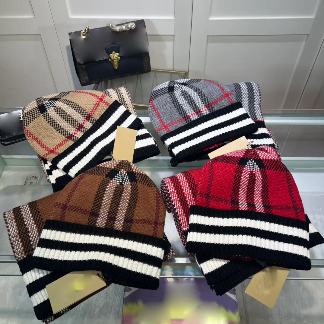 Autumn and Winter Luxury Sports Style Designer Beanie Hat Women's Bonnet Stripe Date Holiday Scarf Set