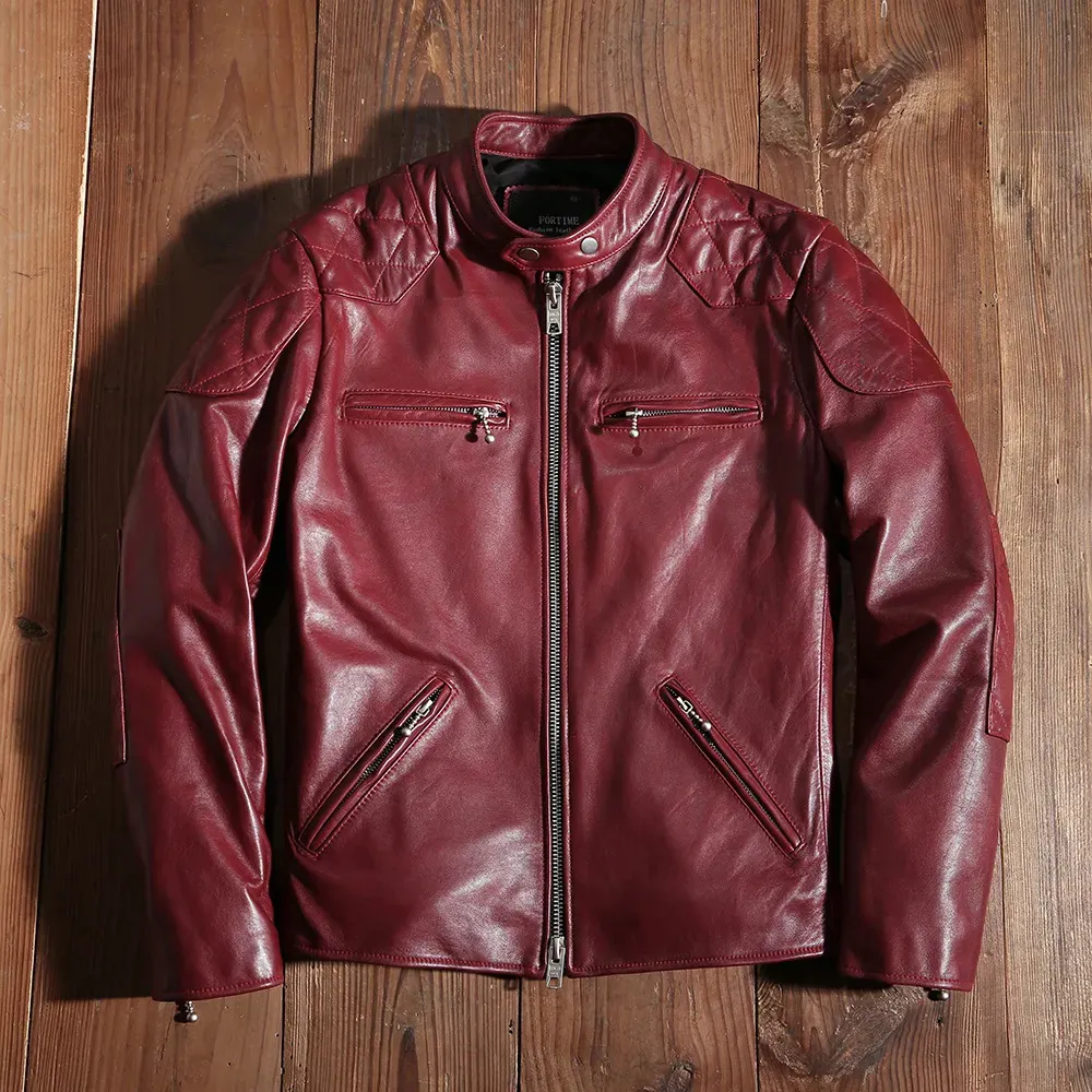 Couro masculino falso 2024 vermelho motocicleta motociclista jaqueta genuína primavera e outono casaco fino qualidade pele de carneiro roupas macias 230927