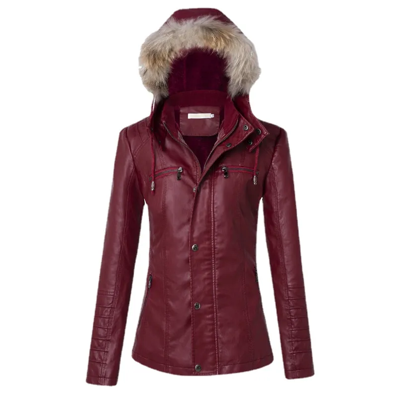 Qnpqyx jaqueta de couro feminina com capuz, quente e de lã removível com gola de pele removível, casacos da moda feminina de inverno, chaquetas finas