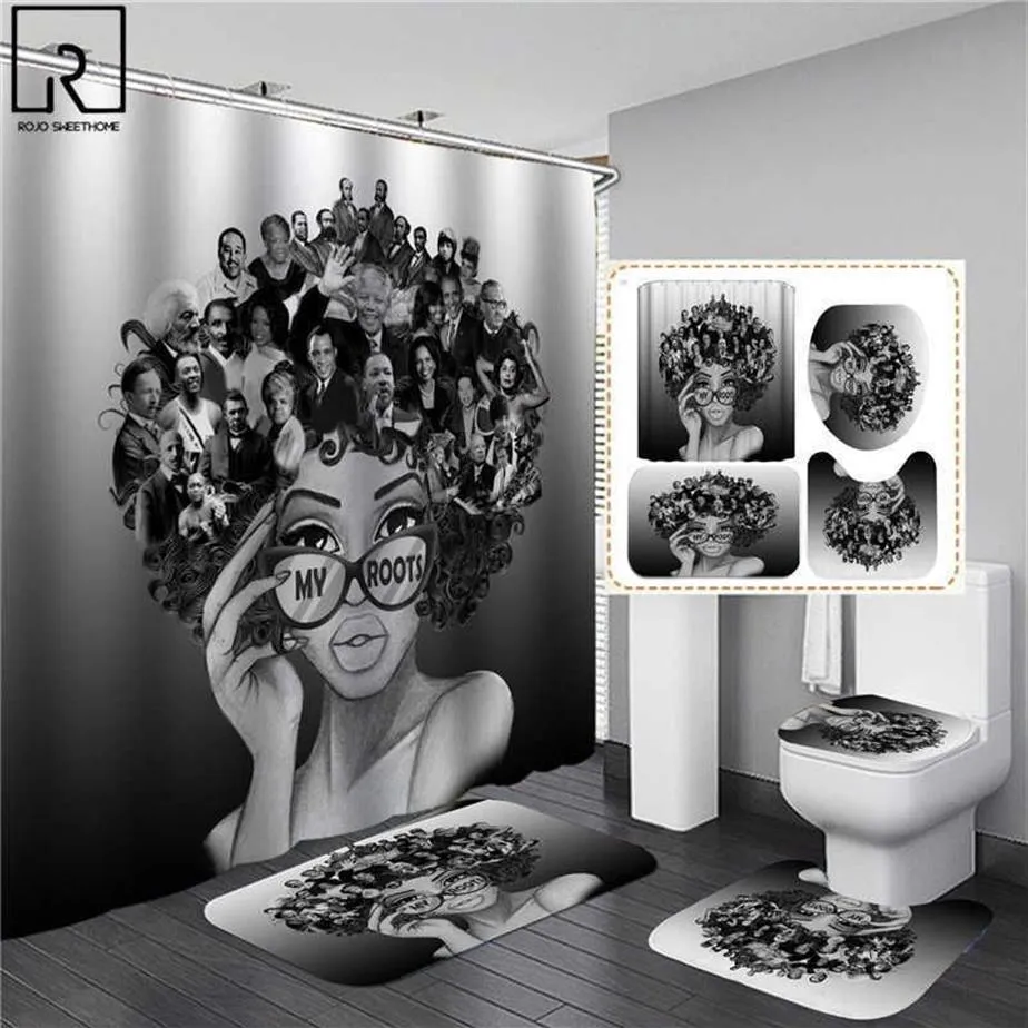 Afroamerikanische schwarze Frauen-Druck-Duschvorhang-Set, wasserdichte Badezimmervorhänge, weiche rutschfeste Badteppiche, Toilettenabdeckung, Teppiche 2253U