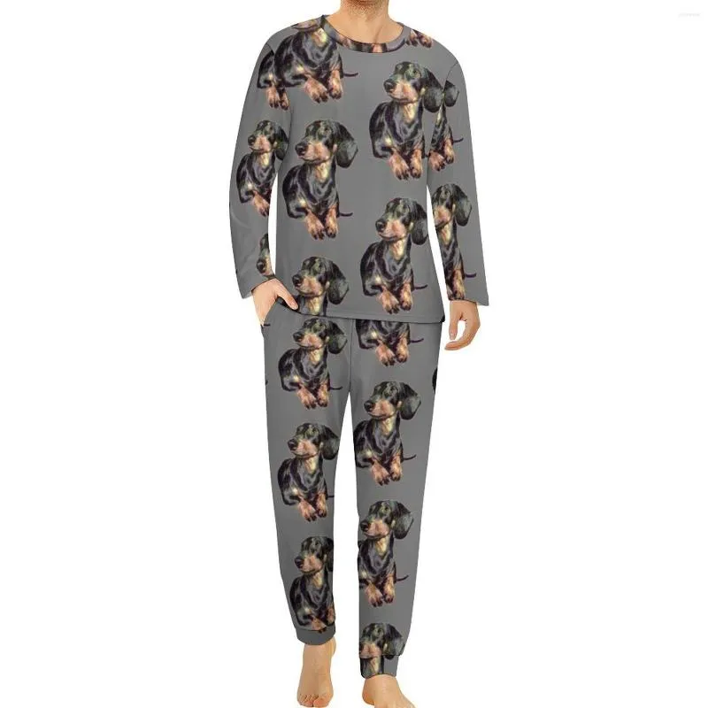 Herren-Nachtwäsche, Dackel-Pyjama, Herbst, Hund, Haustier, lässige Nachtwäsche, Mann, zweiteiliges grafisches Langarm-Trendy-Oversize-Set