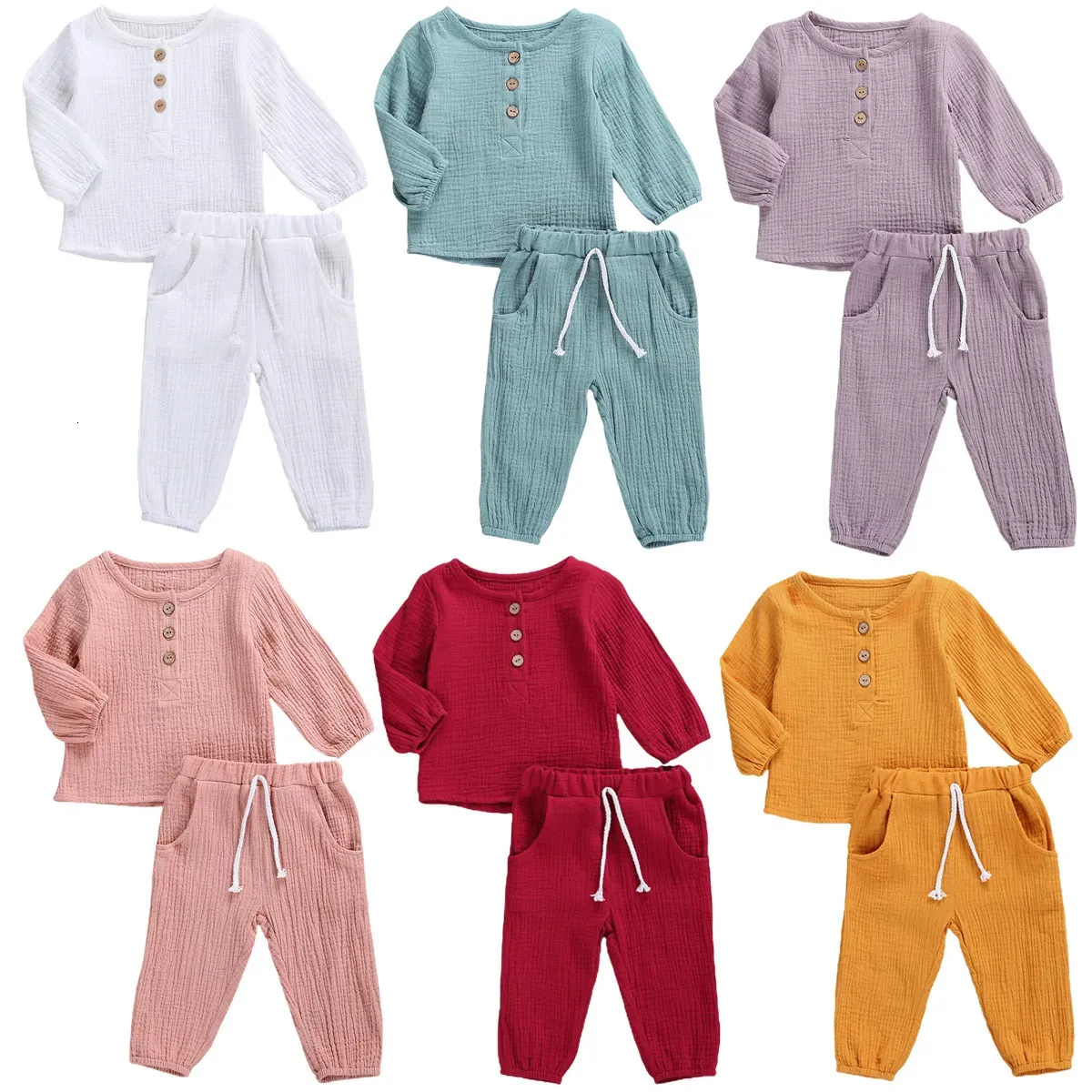 Conjuntos de ropa 0-5 años Bebé infantil Ropa de lino de algodón Otoño Niños Niñas Botón Camiseta de manga larga Top Pantalones largos Sólido 2 piezas Trajes 230927