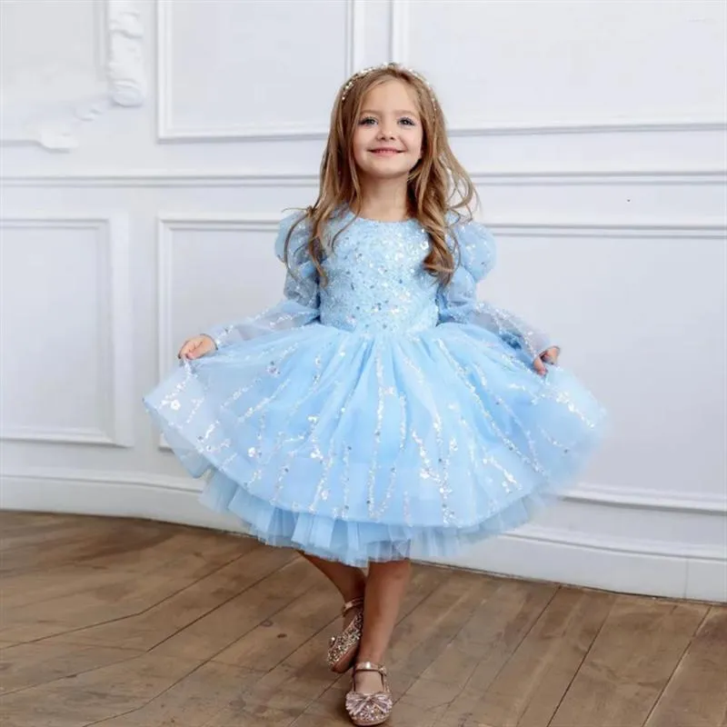 Robes de fille bleu brillant perles fleur gonflée Tulle avec nœud fête d'anniversaire de mariage à manches longues Pageant princesse robe de bal