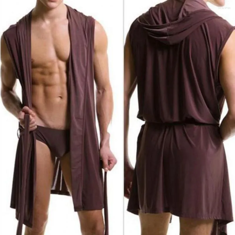 Vêtements de nuit pour hommes Pyjamas sexy Hommes Couleur unie Pijama Hombre À capuche Sans manches Mince Peignoir Robe d'été Robe de bain