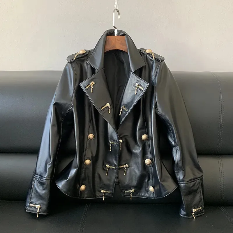 Damen-Leder-Kunstleder-Echtleder-Jackenmantel, Damen-Reißverschlüsse, echtes Leder, Schaffell, Motorradmode, Luxusmarke, Designer-Damenoberteile, Übergröße, 230927