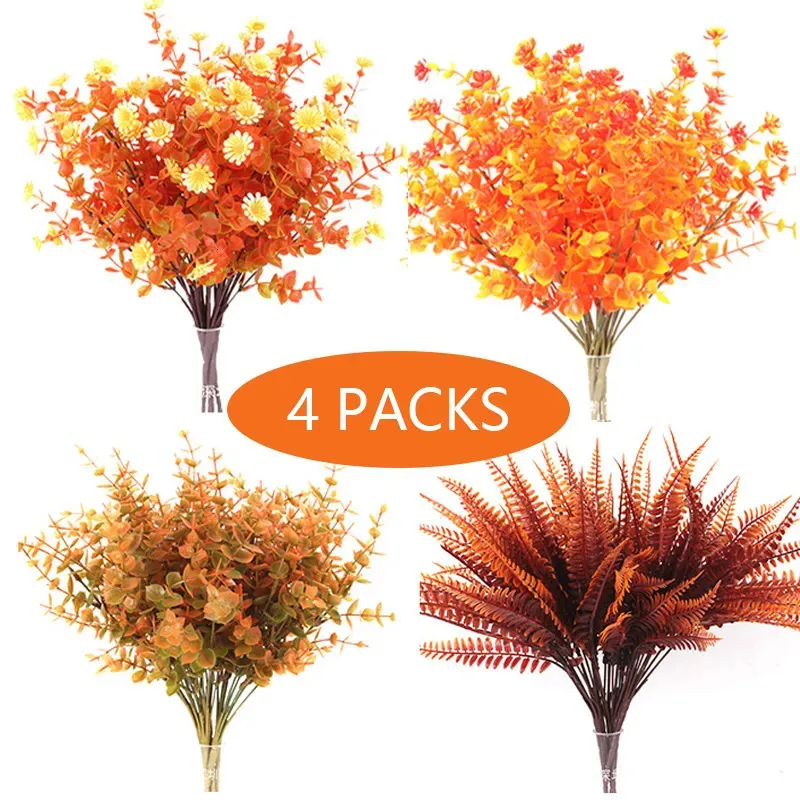 Faux verdure florale 4 paquets de fleurs d'automne artificielles plante d'automne fausses décorations florales pour Thanksgiving noël fête de mariage décor de jardin à la maison 230927