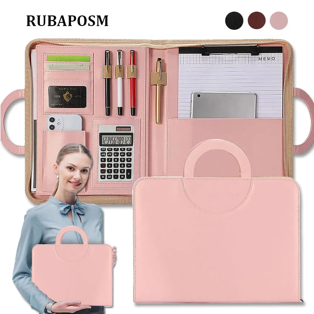 Składanie materiałów A4 Portfolio Folder Padfolio Women Business Trochę biznesowa Składanie Uchwyt Skórzany zamek kalkulator kalkulatora Dokumenty Organizator 2309927