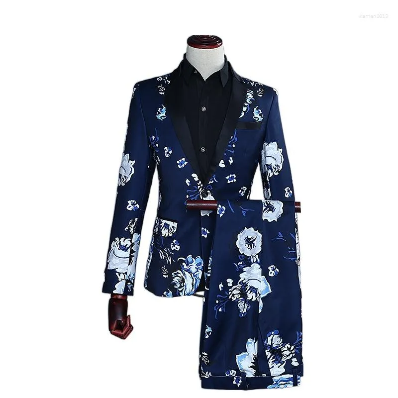 Men's Suits Blue Printed Suit Two Piece Fashion Slim Fit Dress Jacket And Trousers Single Button Black Lapel Blazer Coat Trouser S-XXL