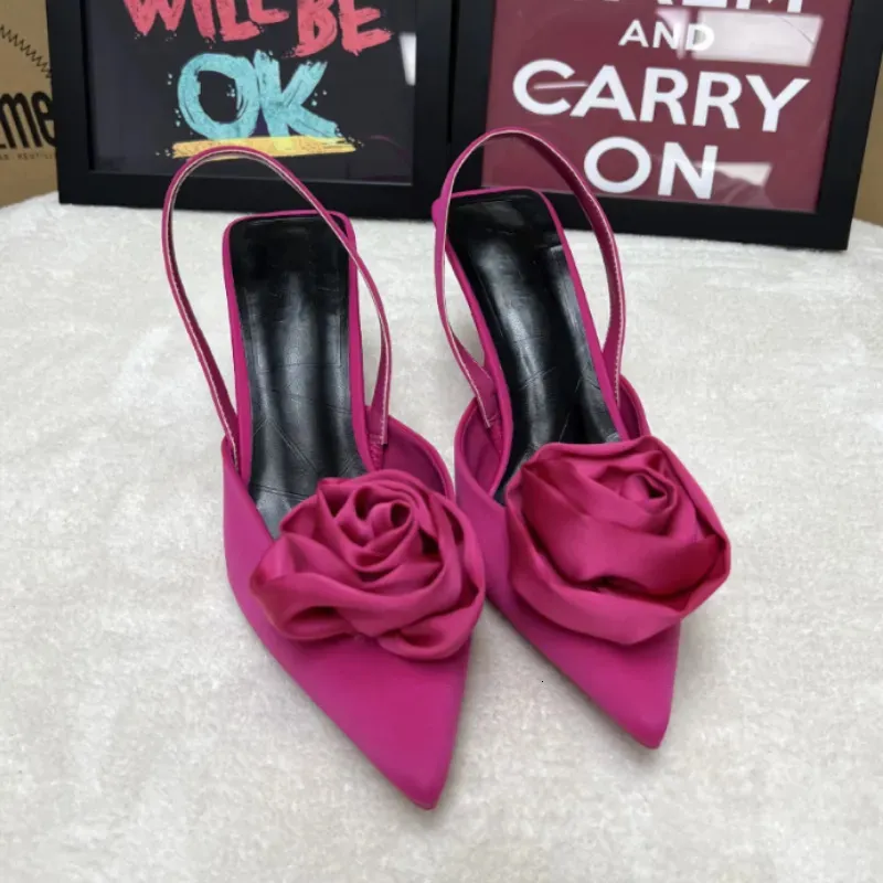 Chinelos elegante mulher sapatos de salto alto doce rosa fechado calçado calçado 2023 verão estilingue apontou moda vestido senhoras sandálias 230927