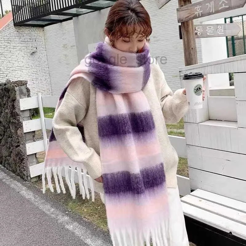 Version coréenne de mignon fille étudiant foulards femmes Ac classique polyvalent arc-en-ciel rayure amoureux épaissi chaud écharpe