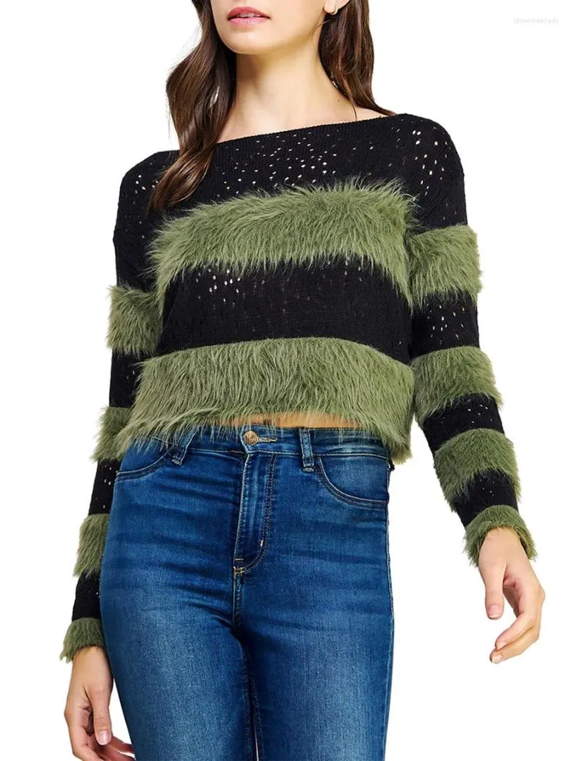 Women's Sweaters Autumn Winter Women Contrast Color Knitted Sweater Chic Long Sleeve Crew Neck Hollowed Striped Fuzzy Pullover Knitwear