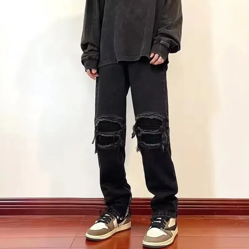 Men s Jeans 2023 Punk Style Knee Patch Washed Black Hip Hop Men Grunge Jeans Pants Ankle Zipper Straight Vintage Denim Trousers Ropa Hombre 230927