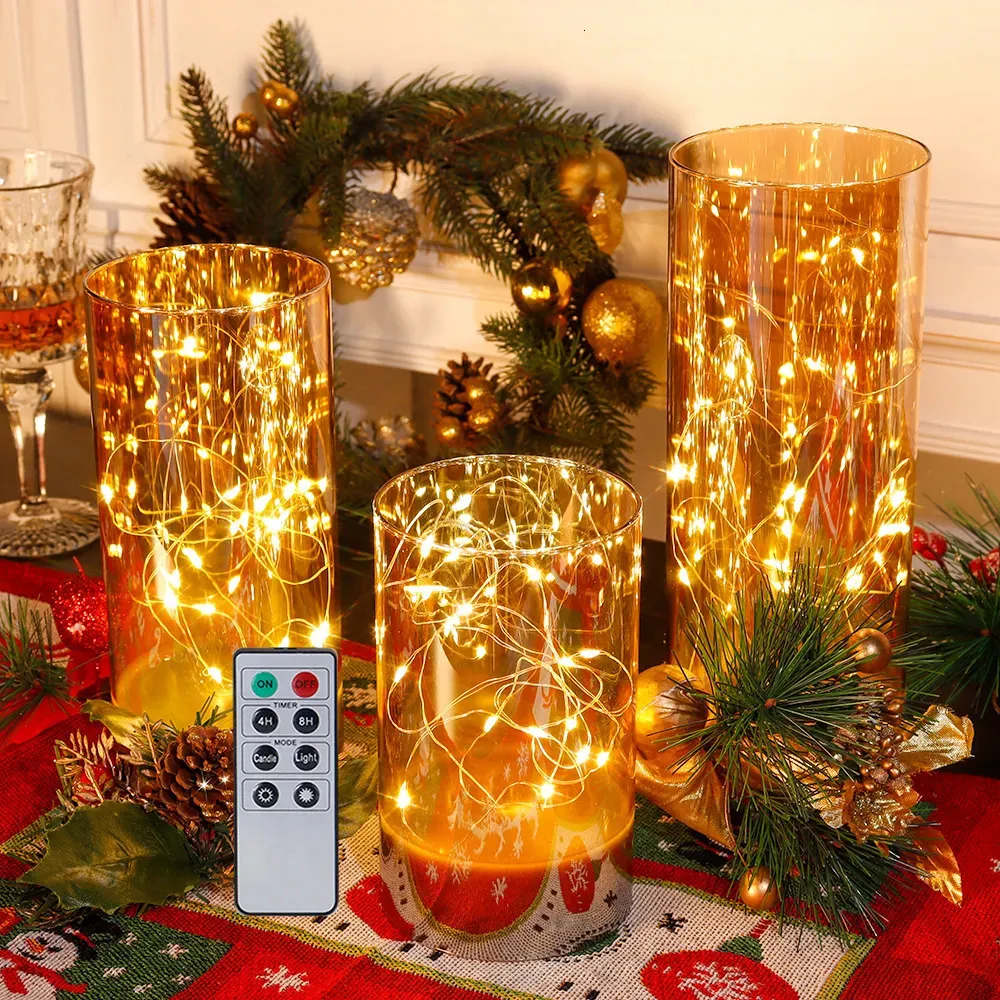 Decorative Objects Figurines 3Pcs Glass Flameless Candles LED Battery Powered Fairy Light Table Lamp with 8Key Remote Control Christmas Home Decor 230921