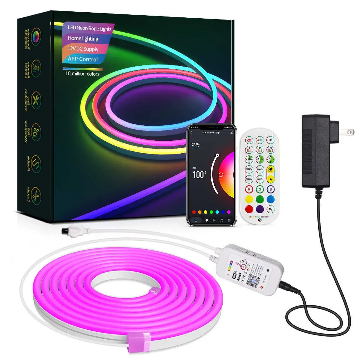 LED-Streifen, Tuya Smart WiFi LED-Streifen, Neonlichter, DC 12 V, RGB-LED-Streifen, Bluetooth, APP-Steuerung, Neonschild, für den Außenbereich, wasserdicht, flexibel, LED, 12 LL