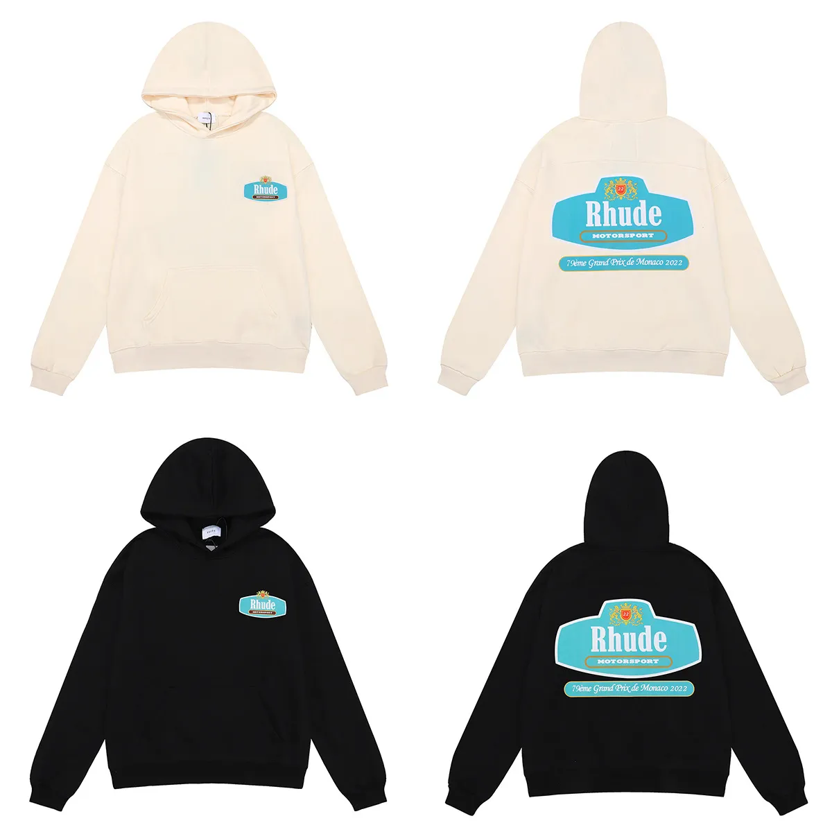 2023 Tide Brand Mens DesignerパーカーPullover Rhude Hoodie Shieldグラフィックプリント長袖スウェットシャツHigh Streetフード付きルーズフーディーフーディー特大S-2xl