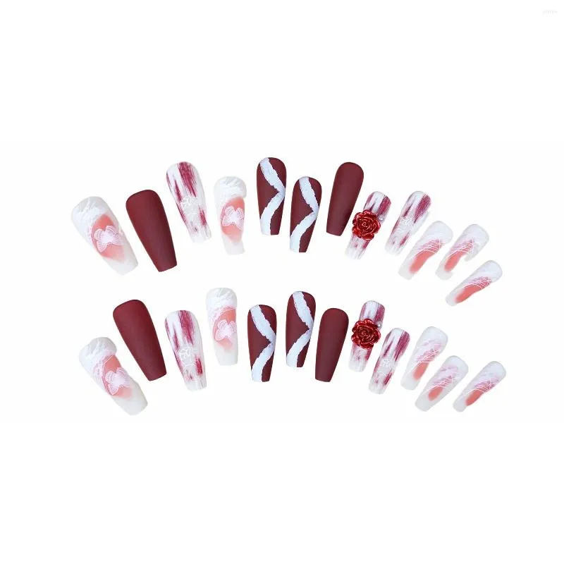 Unhas falsas manchas vermelhas manicure fácil de aplicar simples peel off para mulheres e meninas salão de beleza