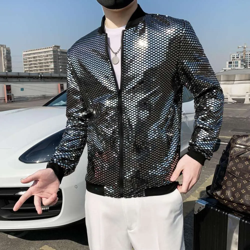 Jas Spring New 스팽글 폭격기 재킷 남자 Y2K 긴 슬리브 반짝이 지퍼 얇은 코트 힙합 나이트 클럽 무대 스트리트웨어 코트 남자