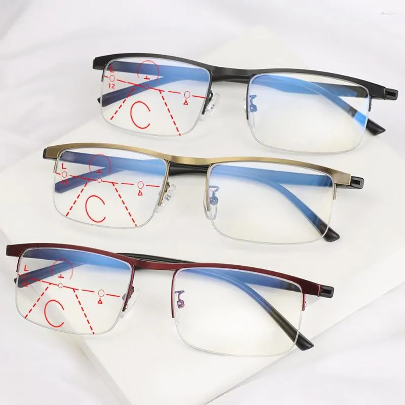 Solglasögon kvinnor män anti blå ljus läsglasögon bifokal progressivt ögonskydd presbyopisk retro klassisk metallglasögon