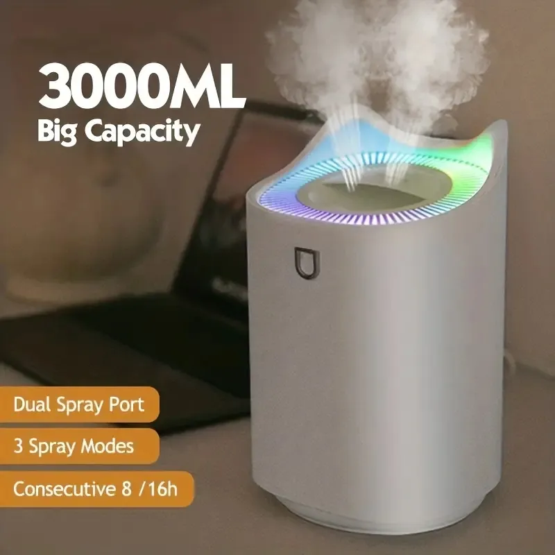 1 Stück, 3000 ml Luftbefeuchter mit buntem Atmosphärenlicht – großer kühler Nebel mit großer Kapazität, zwei Sprühanschlüsse, persönlicher USB-Desktop für Schlafzimmer, Reisen, Büro, Zuhause