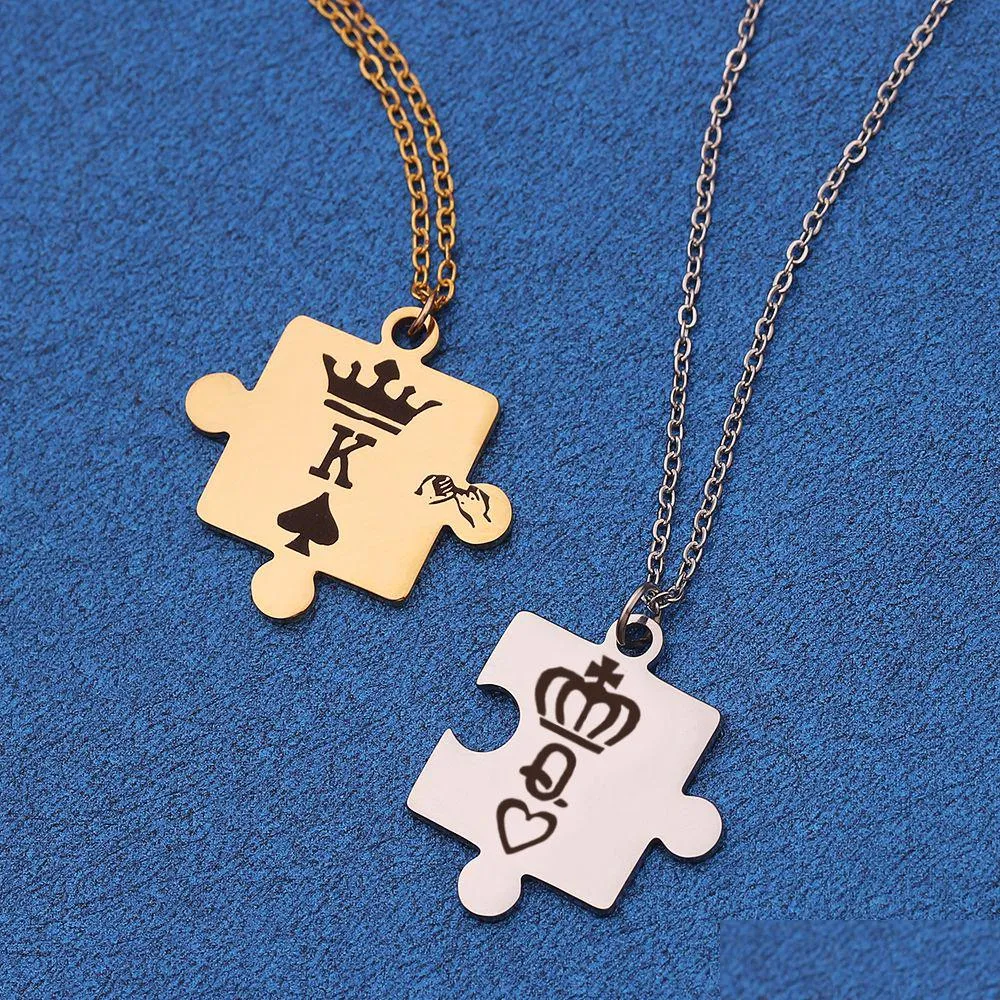 Pendant Necklaces Letters K Q Couple Necklaces With Crown Stainless Steel Tag Pendant Necklace King Queen Engraved Men Jewelry Gift Je Dhb9U