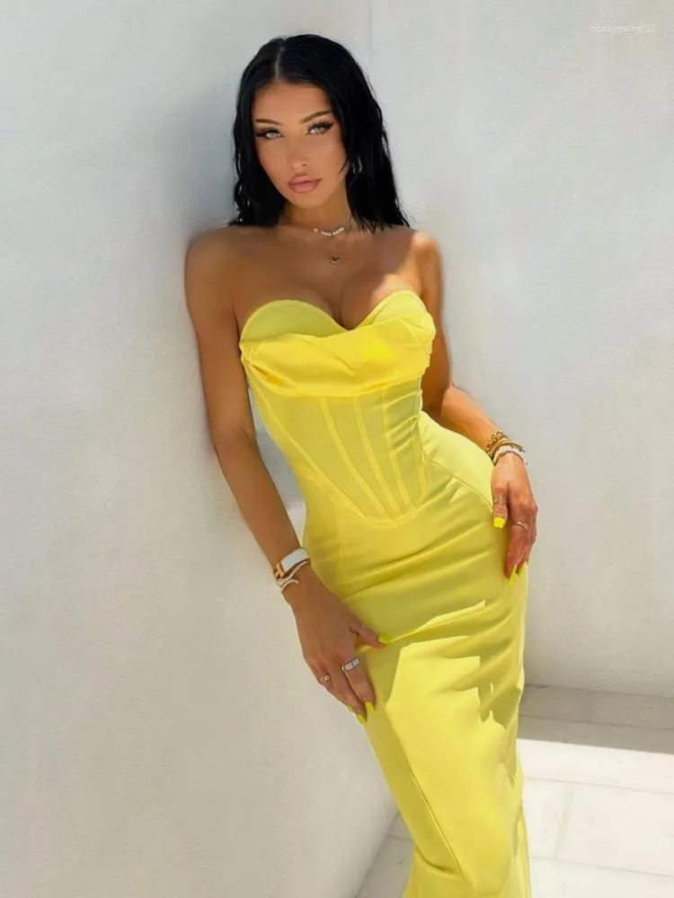 Casual Dresses High Quality Yellow Color Women Sexy Strapless Bodycon Mid-calf Bandage Dress Birthday Party Homecoming Celebrate