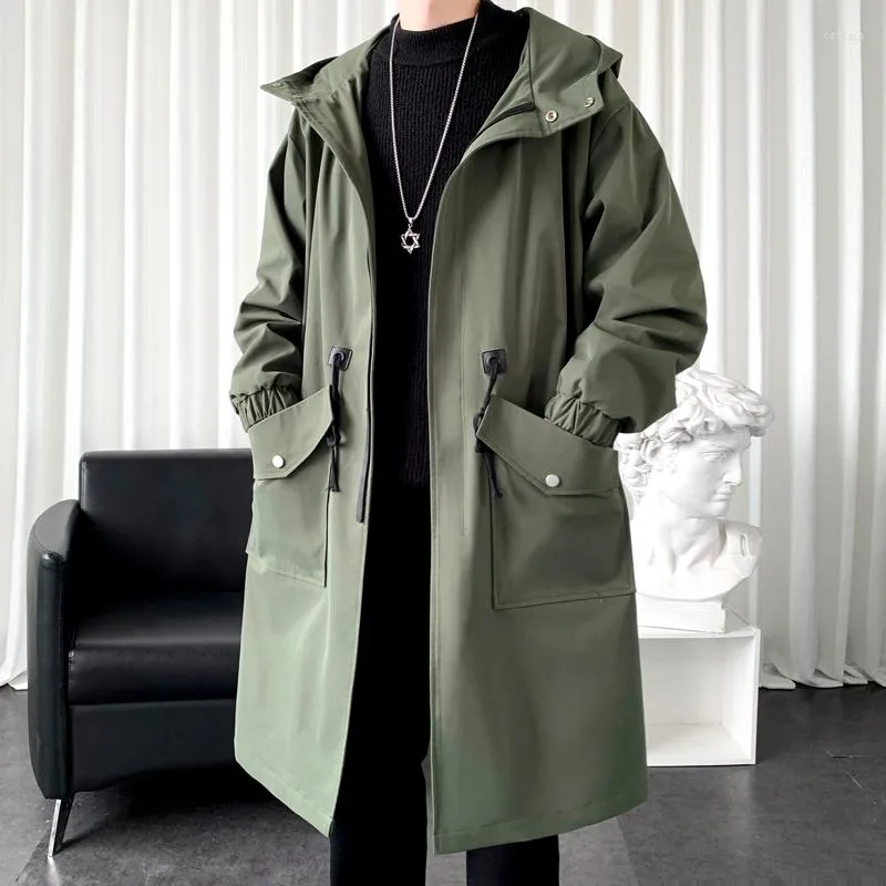 Männer Trenchcoats Frühling Herbst Armee Grün Windjacke Mode Mid-länge Casual Mit Kapuze Mantel Männer Täglichen High Street Mantel männliche Kleidung