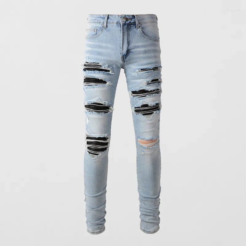 Jeans pour hommes Street Fashion Hommes Rétro Bleu Clair Élastique Stretch Skinny Ripped Cuir Patché Designer Hip Hop Marque Pantalon