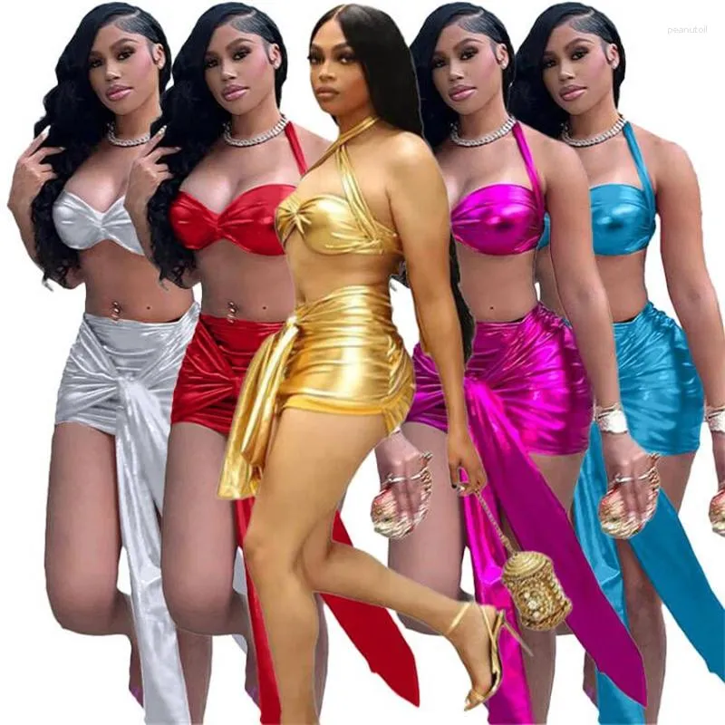 İş Elbiseleri Metalik Yaldızlı İki Parçalı Set Kadın Seksi Elbise Takım Dantel Yukarı Straplez Mahsul Üst Bandaj Mini Etekler y2k Clubwear