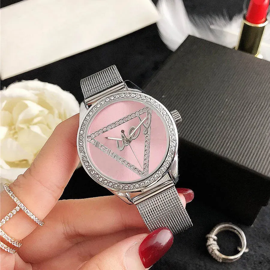 Gues Hot Sale Fashion Brand Women Girl Crystal Triangle Style Steel Metal Band Quartz Wrist Watch Wholesale Free Frakt Reloj Mujer