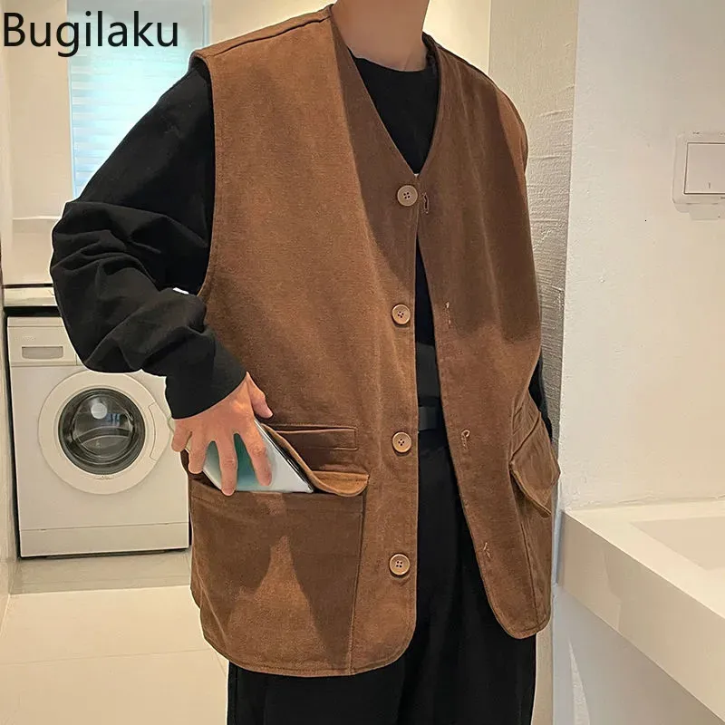 Męskie kamizelki Bugilaku Męska kamizelka bez rękawów Trendy Cardigan Jacket Hongkong Style Retro Camisole Wszechstronna solidna kamizelka kolorów 230927