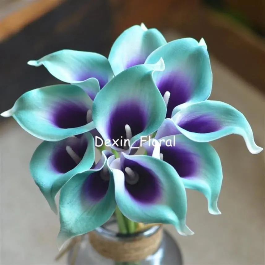 Teal Purple Picasso Calla liljor Verkliga beröring av blommor för silkbröllop buketter konstgjorda lily dekorativa kransar310n