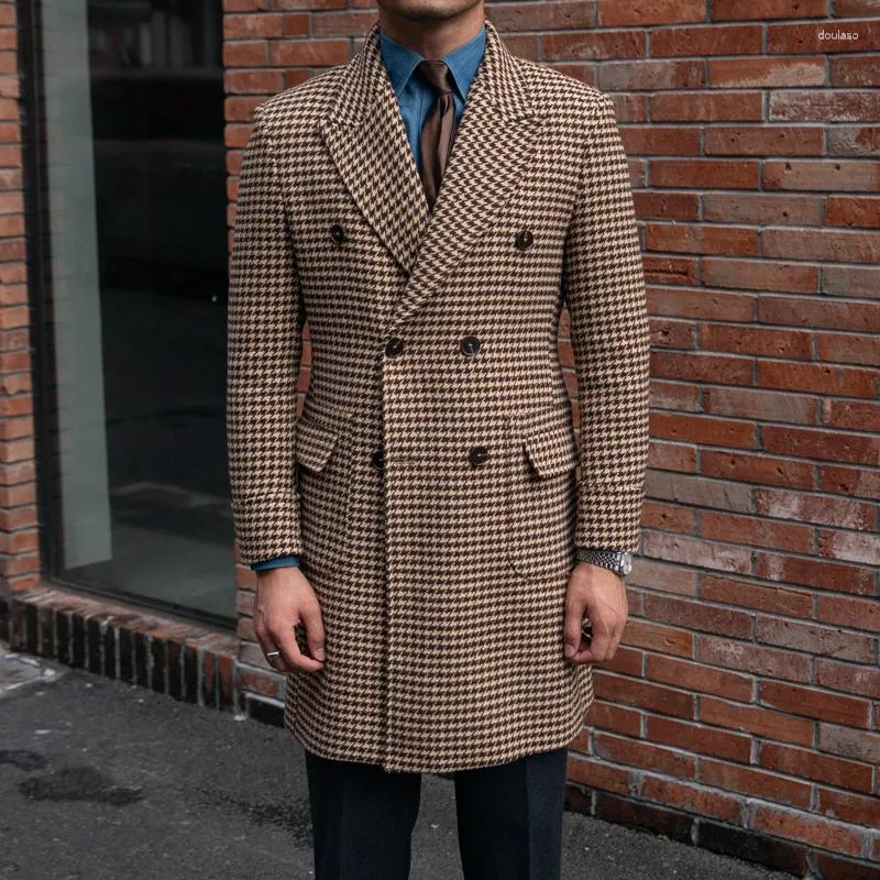 Men's Trench Coats Polo Coat Houndstooth Double-breasted Long Slim Elegant UK Fashion Winter Plaid Jacket Male Clothing