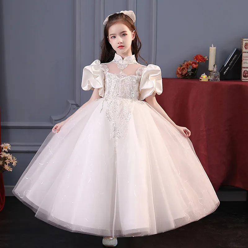 Satin Flower Girl Dress for 2024 Shiny Bling Crystal Long Birthday Beaded 3D Flowers Appliques Ball Gown Princess Christmas First Holy Communion