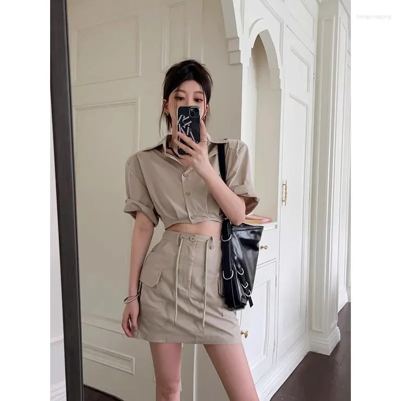 Work Dresses Girl Pure Sexy Casual Suit Women's Summer Short Polo-neck Shirt Elastic Waist Mini Skirt 2-piece Set Fashion Female Clothes