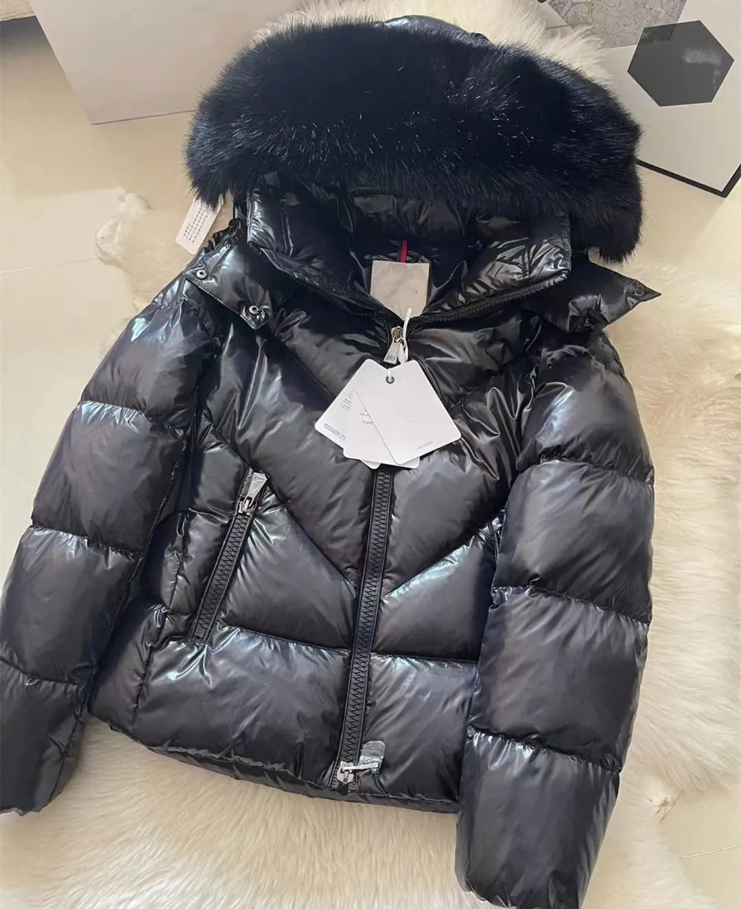 Women's Black Celacs Short Down Jacket with Designer Fur Hooded Winter Coat