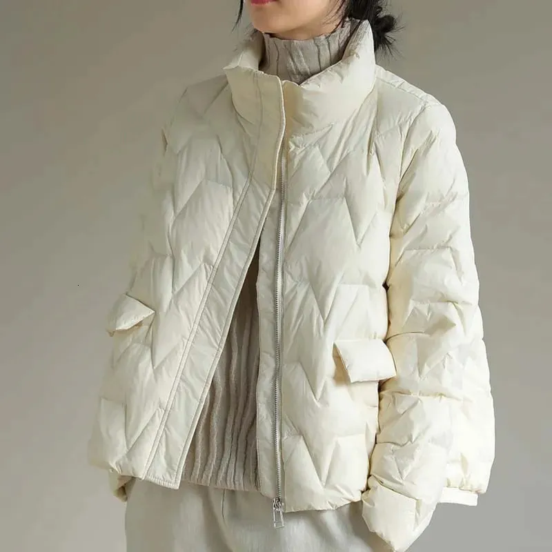 Mulheres para baixo parkas jaqueta moderna mulheres inverno gola pena puffer casaco 90% pato branco cor sólida outerwear 230927