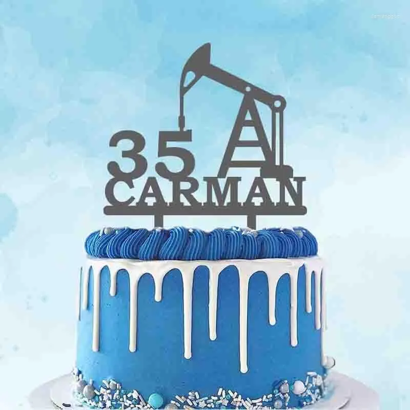 Ferramentas de bolo personalizado engenheiro de petróleo topper nome personalizado idade plataforma de perfuração plataforma trabalhador festa de aniversário decoração