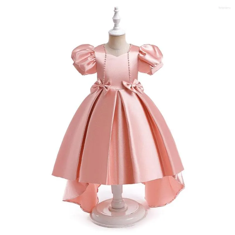 Vestidos da menina crianças rosa manga curta vestido de dama de honra uma  linha cetim oi-baixo casamento festa de natal adolescente crianças vestidos