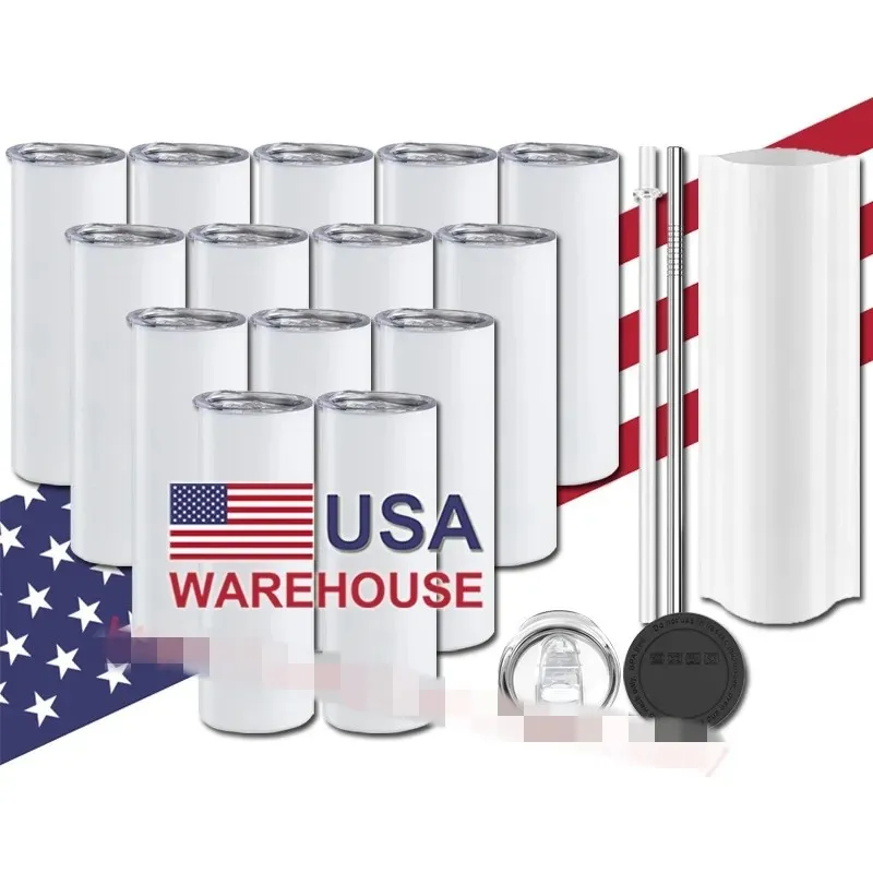 USA CA Warehouse Wholesale 20 oz rakt rostfritt stål 20 uns kaffekopp Vit tom sublimering tumbler med lock 927