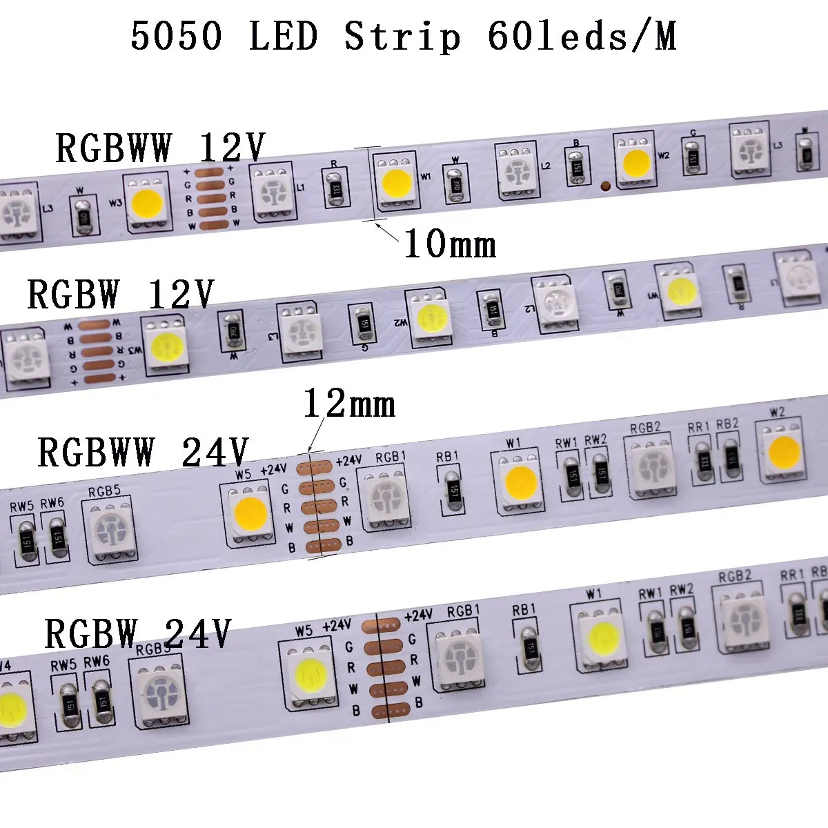 SMD 5050 RGB LED Strip Waterproof 5M 300LED DC 12V 24V CCT RGBCCT RGBW RGBWW WHITE WARM WHITE Fita LED Light Strips Flexible