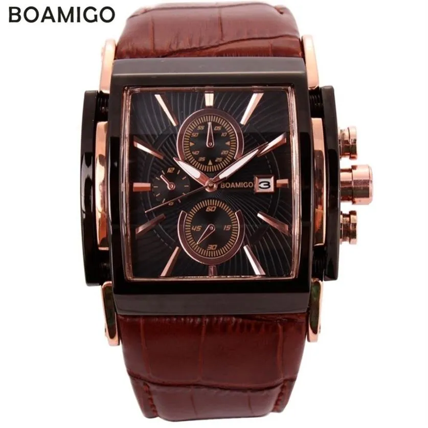 BOAMIGO mannen quartz horloges grote wijzerplaat fashion casual sporthorloges rose goud sub wijzerplaten klok bruin lederen mannelijke horloges 210335h